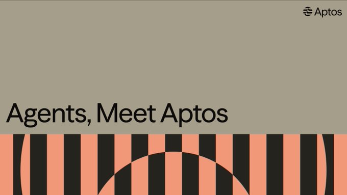 The graphic displays the headline "Agents, Meet Aptos" alongside the Aptos logo, visually introducing Aptos Labs' exploration of AI agents operating onchain. The post elaborates on this theme, highlighting use cases like agents renting idle GPU capacity and settling transactions in stablecoins on the Aptos blockchain.