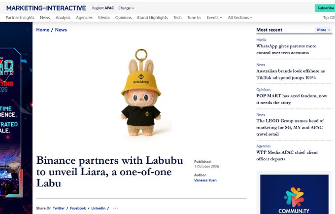 The image is a Marketing-Interactive news article dated October 1, 2025, titled "Binance partners with Labubu to unveil Liara, a one-of-one Labu," featuring a plush toy figure dressed in a yellow Binance-branded hat and dark hoodie. The article relates to the post referencing the wallet address ending in 777 and the $LIARA token, suggesting the merchandise collaboration between crypto exchange Binance and the popular Labubu brand has spawned an associated meme token in the crypto space.