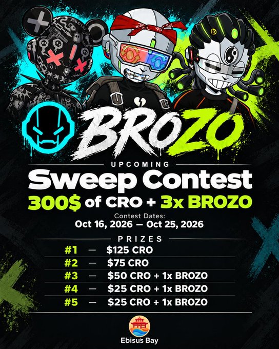 A promotional graphic announces the 'BROZO Upcoming Sweep Contest' offering 300 CRO plus 3x BROZO prizes, running October 16–25, 2026, with tiered rewards from $125 CRO down to $25 CRO plus BROZO tokens, sponsored by Ebisus Bay.