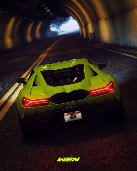 A vibrant green Lamborghini sports car drives through a dimly lit tunnel, its taillights glowing red against the dark roadway, with a license plate reading "WEN" — visually echoing the post's rallying cry for "Wen Lamb?" in its crypto and motorsport-themed call to action.