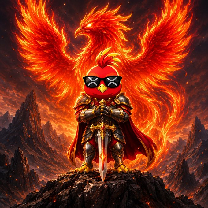 A fierce phoenix-armored warrior bird wearing dark sunglasses stands triumphantly on a rocky peak, gripping a glowing sword point-down while flames and a massive phoenix rise behind him, embodying the "Only one rises to the throne" caption for the $PHNIX token.
