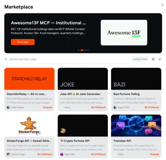 A screenshot of a marketplace interface featuring various API services including 'Awesome13F MCP', 'Starchild Relay', 'Joke API', 'Bazi Fortune Telling', 'StickerForge API', 'Crypto Fortune API', and 'Translate API' with associated prices.