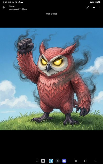 An illustrated fierce red owl mascot with glowing yellow eyes and a raised fist stands on grass against a blue sky, with smoky wisps swirling around it—fitting for the Hoots XRPL crypto giveaway where the winner received 500 $HOOTS tokens, as referenced in the post.