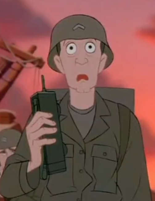 An animated cartoon soldier with wide eyes holding a green radio/walkie-talkie, looking shocked against a sunset background.