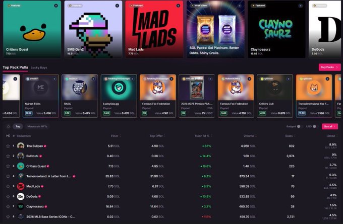 A cryptocurrency/NFT marketplace dashboard showing featured collections like Mad Lads and Claynosaurz, with a top collections list including The Builders, Bullish, and Citizens Quest with their floor prices in SOL.