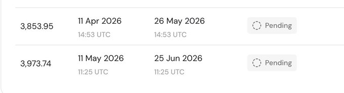 Financial transaction history showing two pending transactions: 3,853.95 from 11 Apr 2026 to 26 May 2026, and 3,973.74 from 11 May 2026 to 25 Jun 2026, both marked 'Pending'.