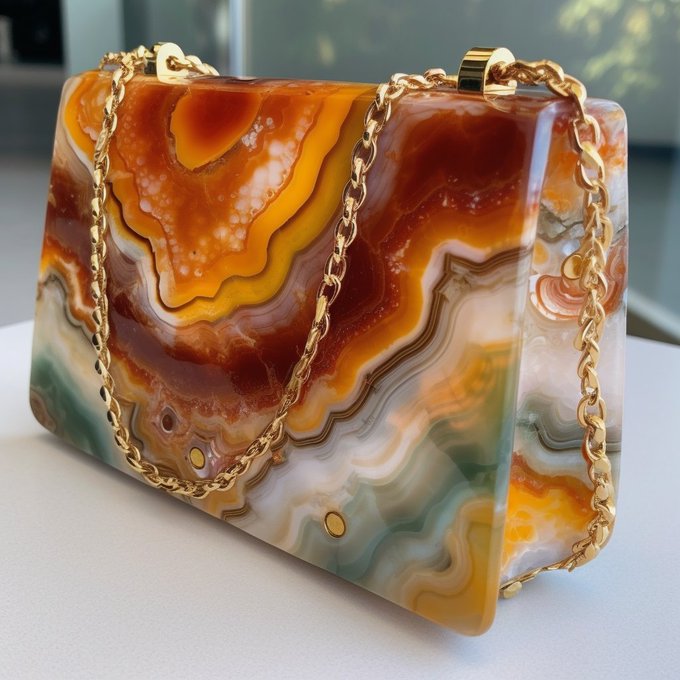 A glossy handbag crafted from polished agate or onyx stone features swirling bands of orange, brown, white, and green, accented with a gold chain strap.