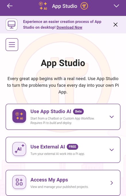 The image shows an app called "App Studio" with several options displayed on its screen. The text on the screen indicates that the app has been updated, possibly for a new feature upgrade or bug fix. The app's interface includes buttons labeled "Use External AI", "Use App Studio AI", and "Access My Apps". These features are designed to enhance the user experience by providing additional functionalities within the app.