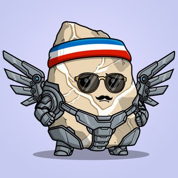 A cartoon rock character wearing a red-white-blue headband, sunglasses, and mechanical wings stands with a confident pose.