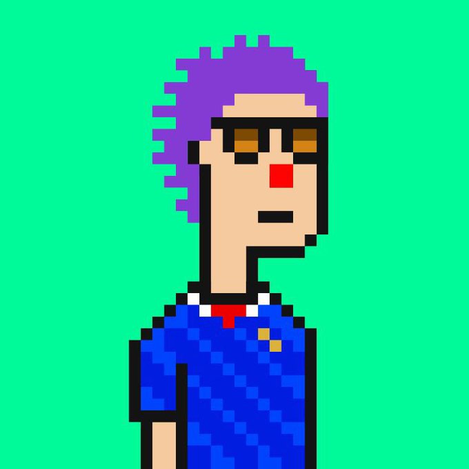 A pixel art portrait of a character with purple hair, dark sunglasses, and a blue shirt stands against a bright green background, styled in a classic 8-bit NFT aesthetic. The retro digital artwork serves as a promotional visual for the @punklandd "Supply 3000" NFT giveaway, aligning with the project's pixel-art branding.