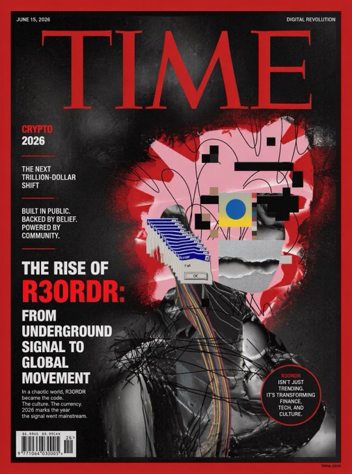 The Time magazine cover features a person's face with a red background, which has been altered to resemble a computer screen or a robot head. The cover also includes text that reads "Time" and "The rise of R3ORDR", possibly referring to a new technology or innovation in the field of robotics. The image is accompanied by a caption that says "Focus on what is in the image and how it relates to the post".