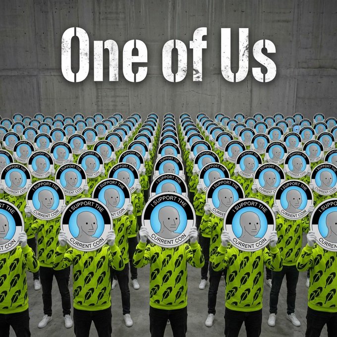 An illustration showing rows of identical figures wearing green shirts with lightning bolt logos, all holding signs that read 'I SUPPORT THE CURRENT COIN,' under the heading 'One of Us.'