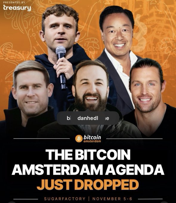 A promotional graphic for the Bitcoin Amsterdam conference features five speakers against an orange background, announcing "THE BITCOIN AMSTERDAM AGENDA JUST DROPPED" at the Sugarfactory on November 5-6, with sponsors including Treasury and The Bitcoin Conference. The image complements the post by visually highlighting the speaker's excitement about participating in this event.