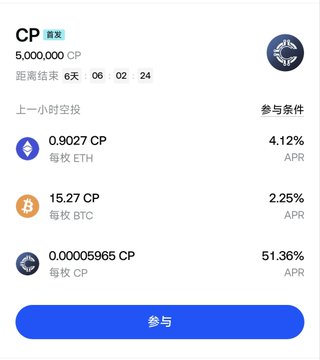 A mobile app screen showing a staking interface for 'CP' (CPool) with 5,000,000 CP balance and earning rates including 4.12% APR for ETH, 2.25% for BTC, and 51.36% APR for CP.