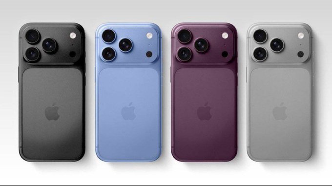Four iPhones in black, blue, purple, and silver displayed side by side against a light background, with the Apple logo visible on each device's back. The image showcases the four devices being offered as prizes in the giveaway contest.