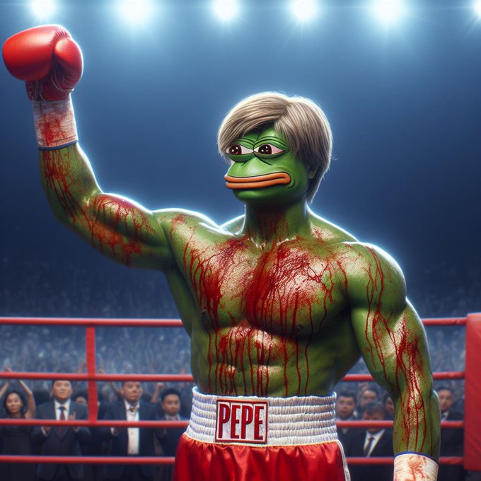 The image features a cartoon man with green skin, white hair, red hair, wearing boxing gloves and red shorts, standing inside a ring and raising his right hand while holding a boxing glove. There are several other people behind him who appear to be watching or participating in an event. The caption of the post reads: "$PEPE is undoubtedly the best looking chart in all of crypto It' s only a matter of time before it sends to new all-time highs and beyond".