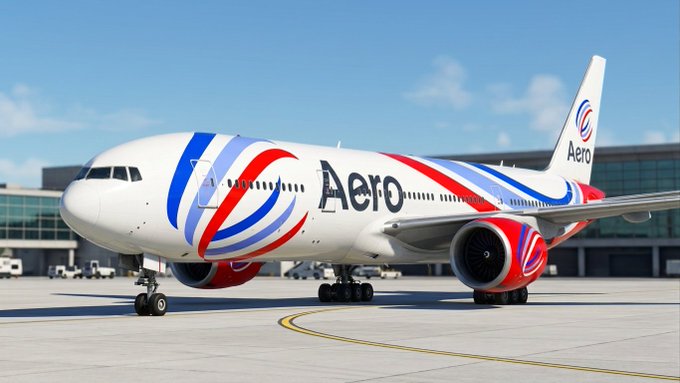 A white passenger airplane with red and blue striping and “Aero” on its fuselage sits on an airport apron.