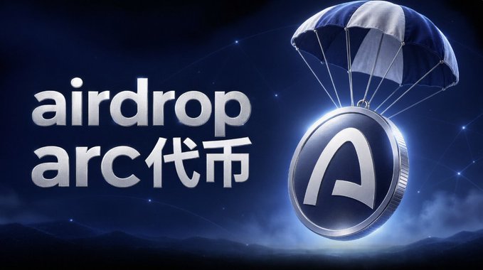 A promotional graphic features the text "airdrop arc代币" (airdrop arc token) alongside a silver coin with the letter "A" descending via a parachute against a starry night sky, symbolizing the potential $ARC token airdrop tied to Arc Mainnet's launch and the minting of 10 billion tokens.