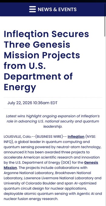 A news article titled 'Inflection Secures Three Genesis Mission Projects from U.S. Department of Energy' dated July 22, 2026, announcing Inflection (NYSE: INFQ) winning quantum computing projects with national labs.