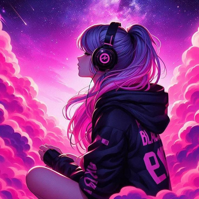 An anime-style girl with pink and purple hair wearing headphones and a black hoodie sits peacefully among pink clouds under a starry sky. The hoodie displays "BLACKPINK" text, complementing the post's message about recharging through quality sleep and consistent self-care with @sleepagotchi.