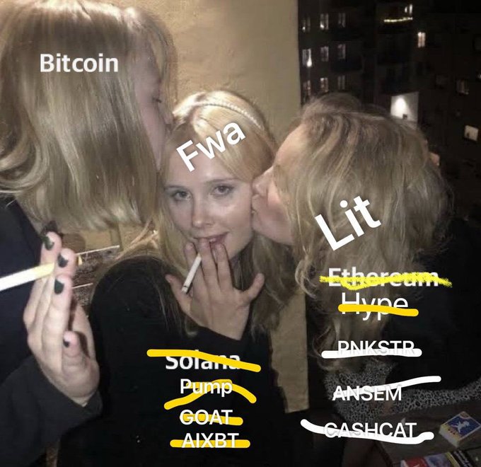 A meme showing a woman being kissed on both cheeks, with the left kisser labeled "Bitcoin," "Solana," "GOAT," and "AIXBT" (crossed out), and the right kisser labeled "Lit," "Ethereum," and "Hype" (crossed out), while the central "Fwa" remains unaffected — humorously illustrating how nearly all crypto assets have suffered during a bear market except for a few survivors.