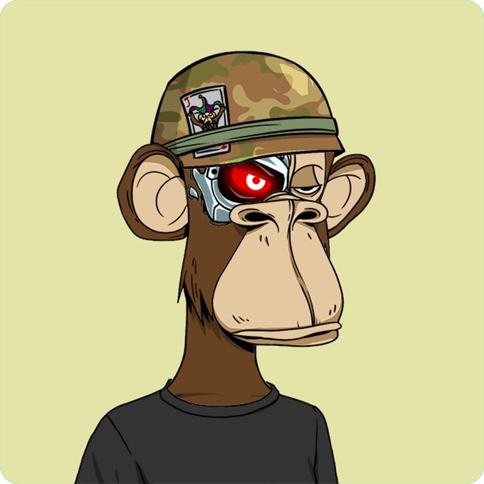 Digital illustration of a Bored Ape-style NFT monkey wearing a camo cap and featuring a glowing red cybernetic eye.
