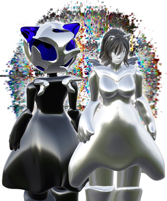 A 3D rendering featuring two glossy figures—a black and blue character and a silver female figure with cat ears—against a colorful pixelated background.