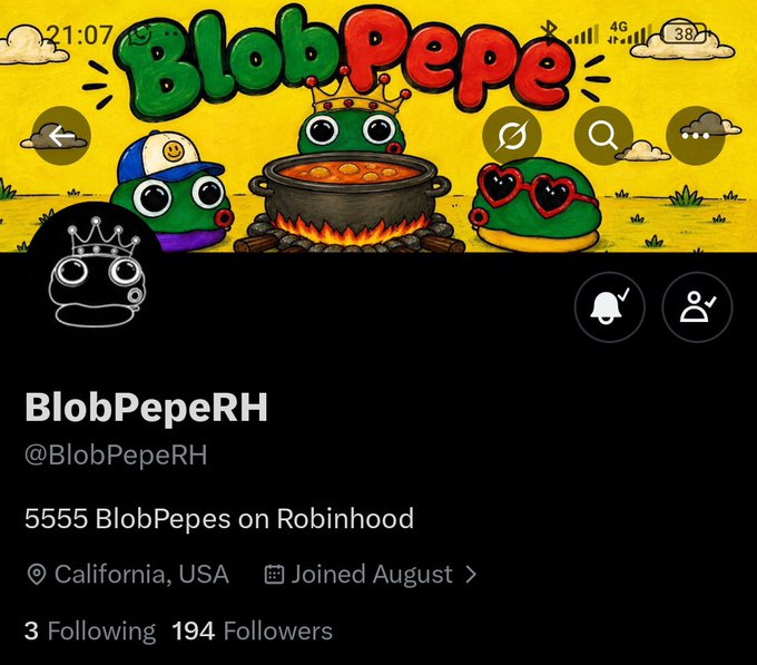 A Twitter/X profile for 'BlobPepeRH' (@BlobPepeRH) with a colorful banner featuring Pepe the Frog characters, stating '5555 BlobPepes on Robinhood', located in California, USA, joined August, with 3 Following and 194 Followers.
