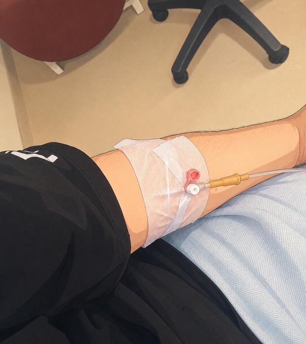 The image shows a person's arm with an IV catheter secured by medical tape, connected to tubing, indicating they are receiving medical treatment. This relates to the post by suggesting the user is likely in a hospital receiving care due to exhaustion and burnout from working six consecutive days in emergency services with minimal sleep.