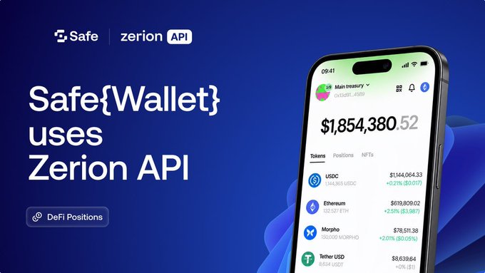 A promotional image showing that 'Safe{Wallet} uses Zerion API,' displaying a mobile phone screen with a wallet balance of $1,854,380.52 and various DeFi positions.