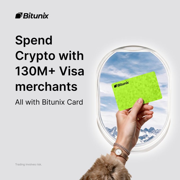 The image is an advertisement for Bitunix Card, featuring a hand holding a green Bitunix card displayed against an airplane window view of clouds and mountains. The text reads "Spend Crypto with 130M+ Visa merchants, All with Bitunix Card," with the Bitunix logo in the top left corner, promoting the card's use for crypto payments at Visa-accepting locations worldwide.