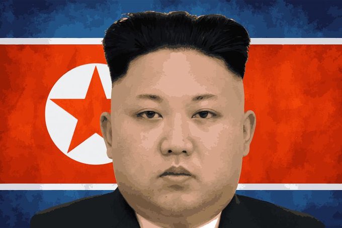 The image shows a portrait of Kim Jong Un superimposed on the flag of North Korea, visually representing the nation's alleged involvement in the $1.5 billion Bybit crypto heist.