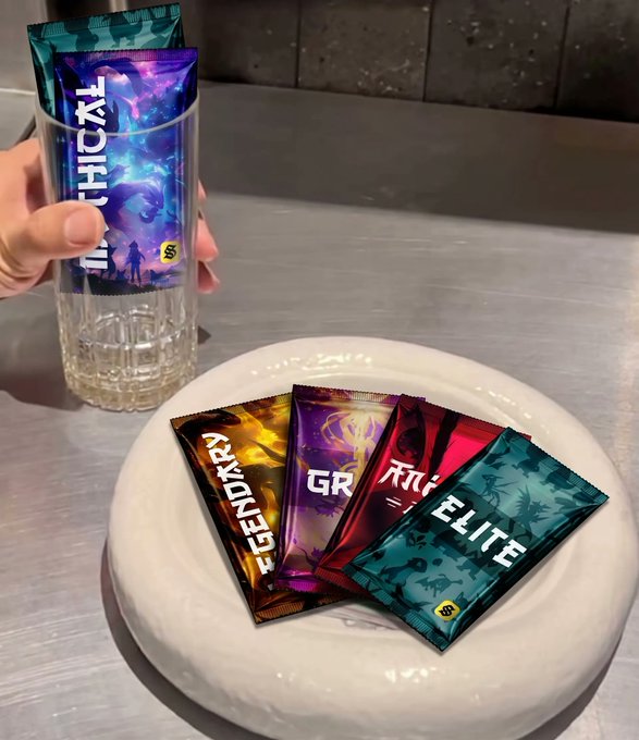 A hand holds a glass with "EPICKPACK" cards stacked inside, while a white plate displays four fanned-out packs labeled "LEGENDARY," "GR," "ATIC" (likely "EPIC"), and "ELITE"—visually reinforcing the joke of having no dinner because all the money went to buying card packs.