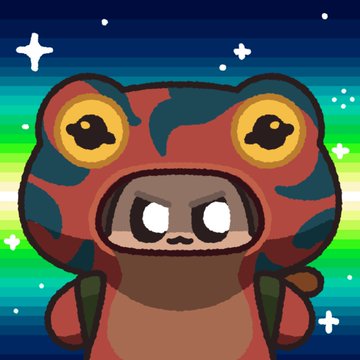 **Character Art:** A cute, stylized illustration of a character wearing a red frog or toad-themed hood, looking forward with a slightly angry expression against a colorful, starry background.
