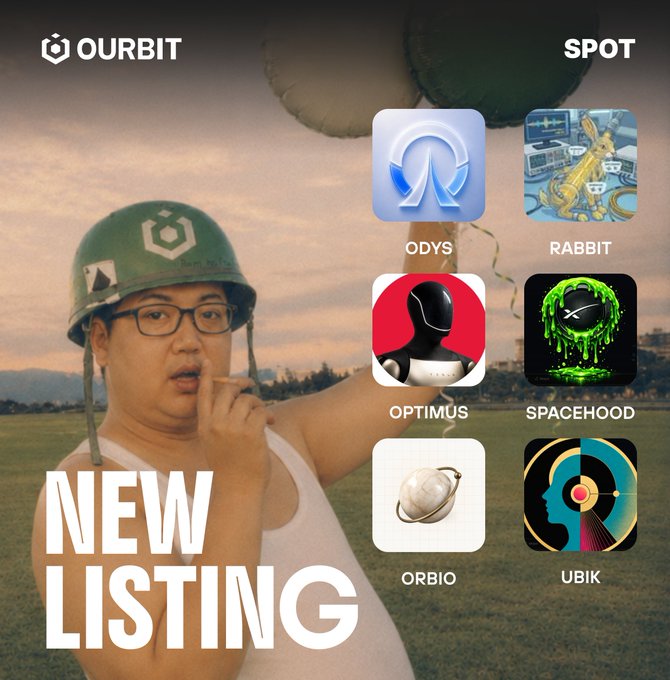 Ourbit Spot announces a "New Listing" featuring six meme-style tokens—$ODYS, $RABBIT, $OPTIMUS, $SPACEHOOD, $ORBIO, and $UBIK—displayed as app icons alongside an Ourbit-branded green helmet, playfully themed for "Green Chain" enthusiasts.