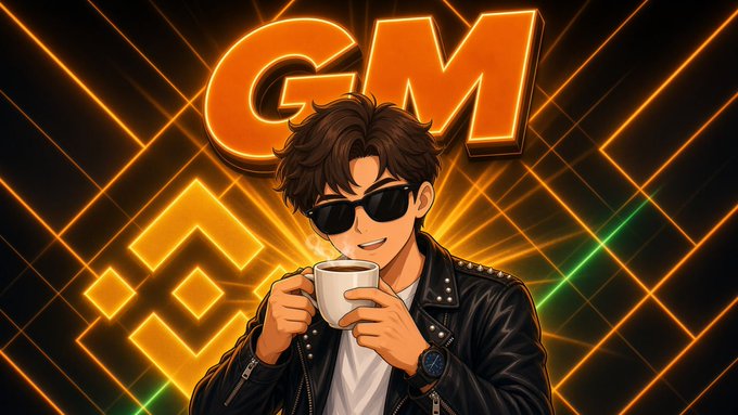 A stylized anime character wearing sunglasses and a leather jacket sips coffee with bold "GM" text glowing behind him against a neon orange grid backdrop, reinforcing the post's crypto "good morning" culture and signaling early bullish momentum for the $YAP token.