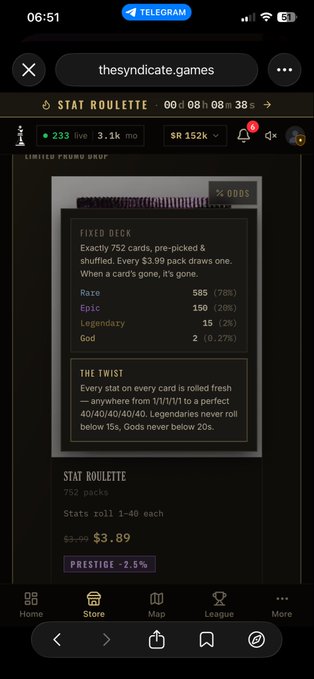 A screenshot from a Telegram channel 'thesyndicate.games' showing a 'STAT ROULETTE' offer for 752 packs at $3.89 with details on 'FIXED DECK' and 'THE TWIST' odds.