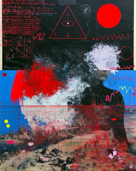A chaotic abstract artwork featuring a triangle with an eye, a red sun, mathematical equations, and a figure dissolving into red and white smoke over a mountainous landscape.