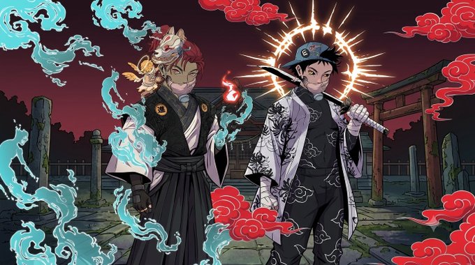 Two anime-styled characters in traditional Japanese attire stand before a torii gate, one wielding a sword with a glowing halo and the other with a dragon-like dragon hat surrounded by blue flames and red clouds.