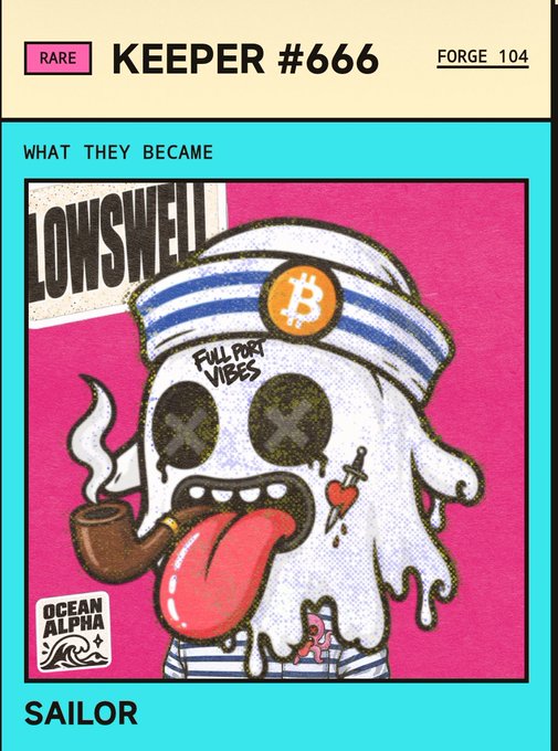 A digital collectible card titled 'KEEPER #666 / FORGE 104' featuring an illustration of a melting ghost-like sailor character with 'X' eyes and a tongue out, labeled 'SAILOR' and 'LOW SWELL'.