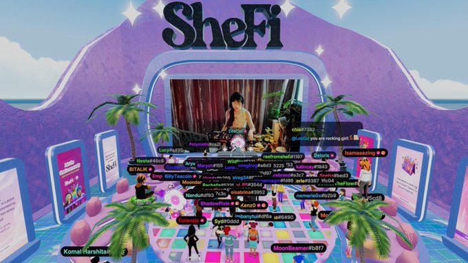 A virtual graduation ceremony is taking place in the colorful SheFi metaverse space, with the "SheFi" logo displayed prominently at the top and a DJ performing on stage under palm tree decor. Dozens of attendees, identified by floating name tags such as "samasaazing," "ShahlaPink," "Komal Harshita," "MoonBeamerRnB17," and others, gather on the dance floor in their avatars to celebrate completing Season 17, which was supported by sponsors including @solana, @phantom, @rootstock_io, and @decentraland.