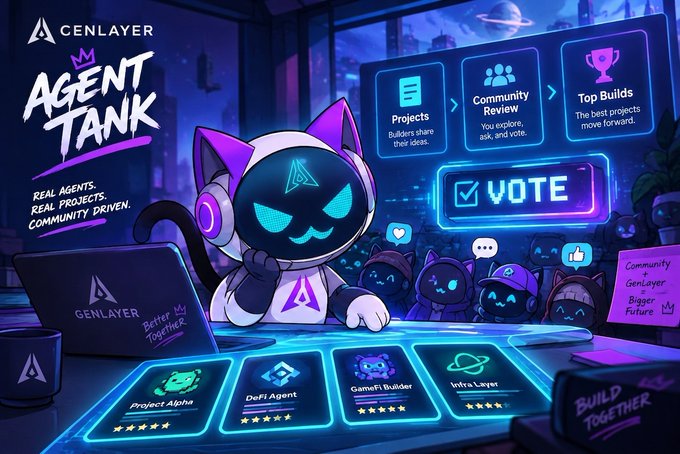A promotional graphic for 'CENLAYER Agent Tank' featuring a neon-styled cat mascot with headphones in front of a laptop, with sections for Projects, Community Review, Top Builds, and a glowing Vote button.