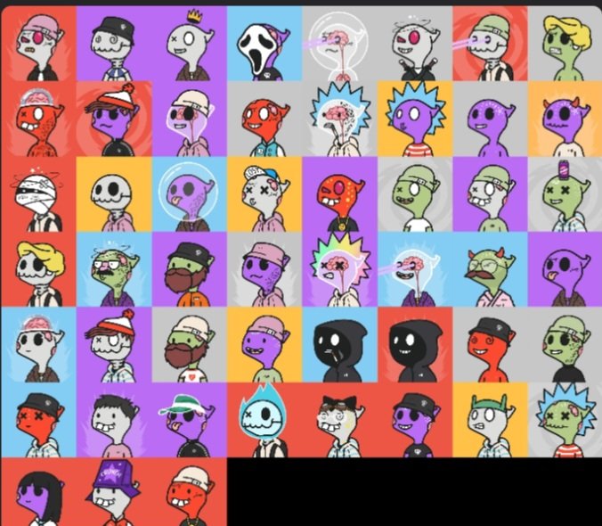A grid collection of cartoon-style character avatars in various colors (purple, red, green) with different accessories like hats and headbands.