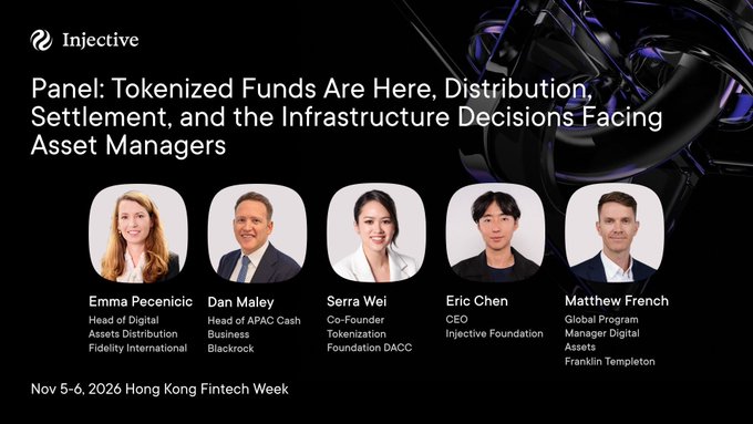A dark promotional graphic for Injective titled 'Panel: Tokenized Funds Are Here, Distribution, Settlement, and the Infrastructure Decisions Facing Asset Managers', featuring headshots of five panelists (Emma Pecenic, Dan Maley, Serra Wei, Eric Chen, Matthew French) for Hong Kong Fintech Week on Nov 5-6, 2026.
