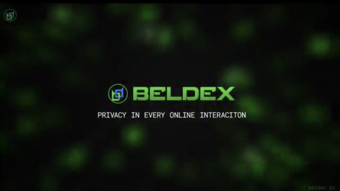Dark promotional graphic for 'BELDEX' cryptocurrency with the tagline 'PRIVACY IN EVERY ONLINE INTERACTION' over a green bokeh background, with 'beldex.io' in the corner.