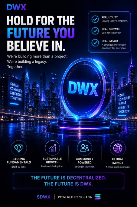 A promotional poster for 'DWX' featuring a futuristic blue glowing coin logo, with text 'HOLD FOR THE FUTURE YOU BELIEVE IN' and 'POWERED BY SOLANA', listing features like Real Utility, Real Growth, and Real Impact.