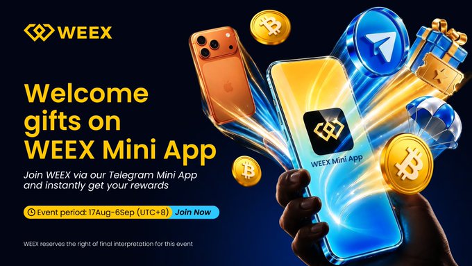 A promotional banner for the WEEX Mini App advertises welcome gifts from August 17 to September 6, featuring a hand holding a smartphone with the WEEX Mini App logo, surrounded by floating iPhones, Bitcoin coins, a Telegram icon, and gift boxes. The ad highlights rewards like trial funds, BTC airdrops up to $1,500, and an iPhone 17 Pro for users who sign up via the Telegram Mini App.