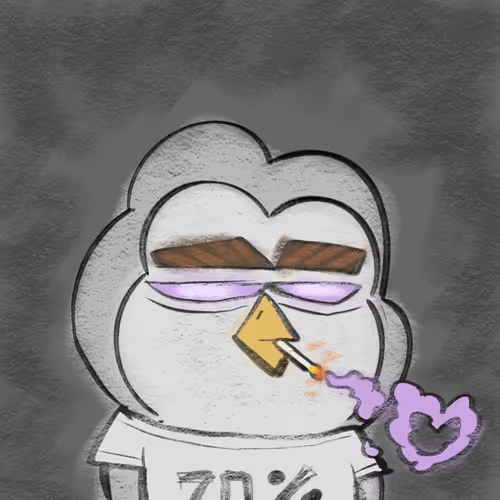 A cartoon illustration of a white bird-like character with an angry expression, smoking a cigarette that has a heart-shaped smoke ring, wearing a shirt with '70%' visible.