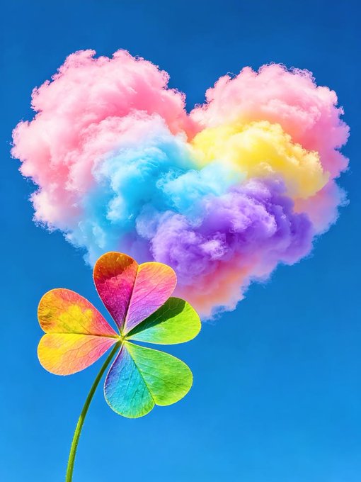 A vibrant rainbow-colored four-leaf clover with a heart-shaped petal stands against a bright blue sky, with a matching multicolored heart-shaped cloud floating above it.