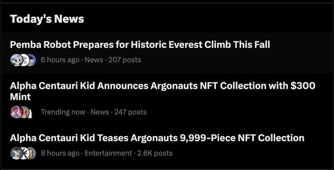 A dark-themed news feed displays three headlines including 'Pemba Robot Prepares for Historic Everest Climb This Fall,' 'Alpha Centauri Kid Announces Argonauts NFT Collection with $300 Mint,' and 'Alpha Centauri Kid Teases Argonauts 9,999-Piece NFT Collection.'